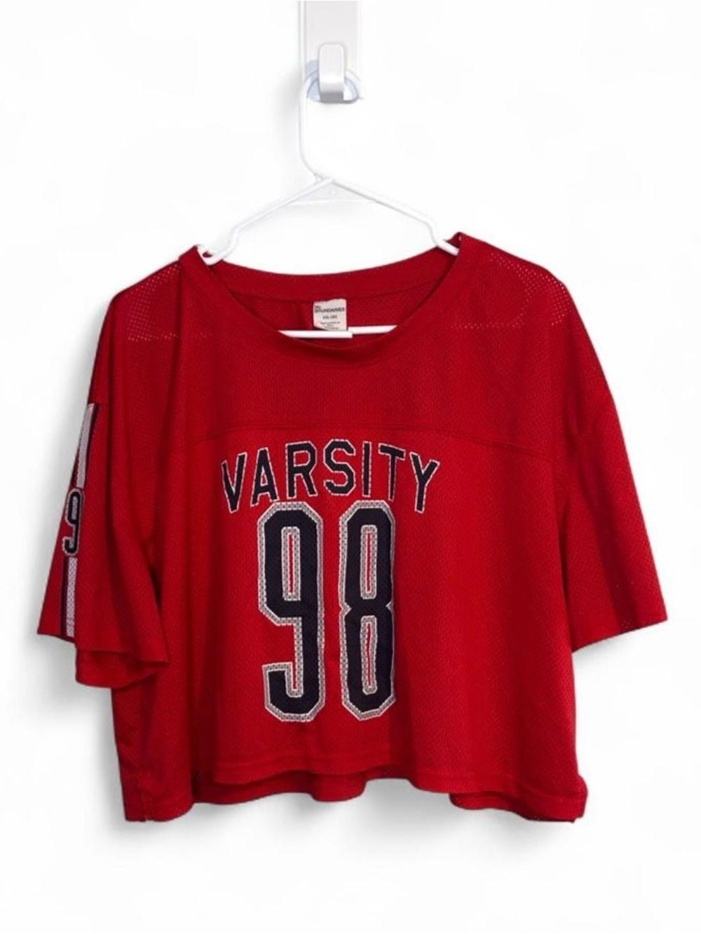 Red Varsity Mesh Crop Top with '98 Graphic